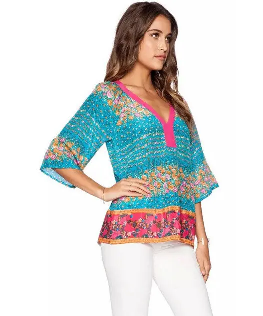 Retro Ethnic Totem Floral Print V Neck Kimono Shirt Half Sleeve Pullovers Blouse Tops Mujer Pull Femme S M L 3