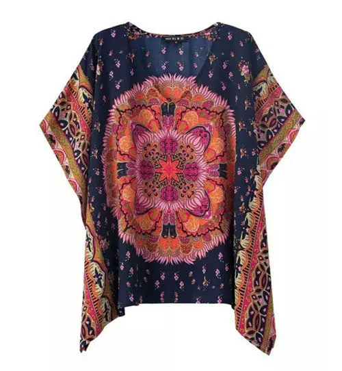 Retro Ethnic Totem Floral Print V Neck Short Bat Sleeve Shirt Irregular Hem Pullovers Blouse Tops 2 Color S M L 1