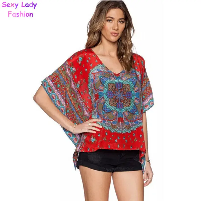 Retro Ethnic Totem Floral Print V Neck Short Bat Sleeve Shirt Irregular Hem Pullovers Blouse Tops 2 Color S M L 3