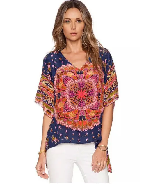 Retro Ethnic Totem Floral Print V Neck Short Bat Sleeve Shirt Irregular Hem Pullovers Blouse Tops 2 Color S M L 4