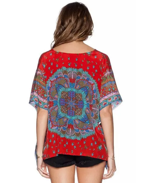 Retro Ethnic Totem Floral Print V Neck Short Bat Sleeve Shirt Irregular Hem Pullovers Blouse Tops 2 Color S M L 5