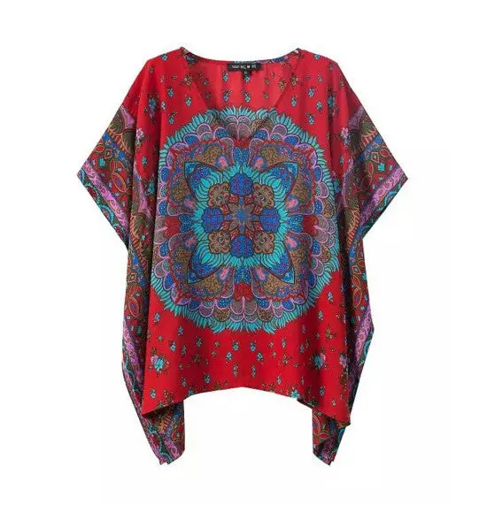 Retro Ethnic Totem Floral Print V Neck Short Bat Sleeve Shirt Irregular Hem Pullovers Blouse Tops 2 Color S M L 6