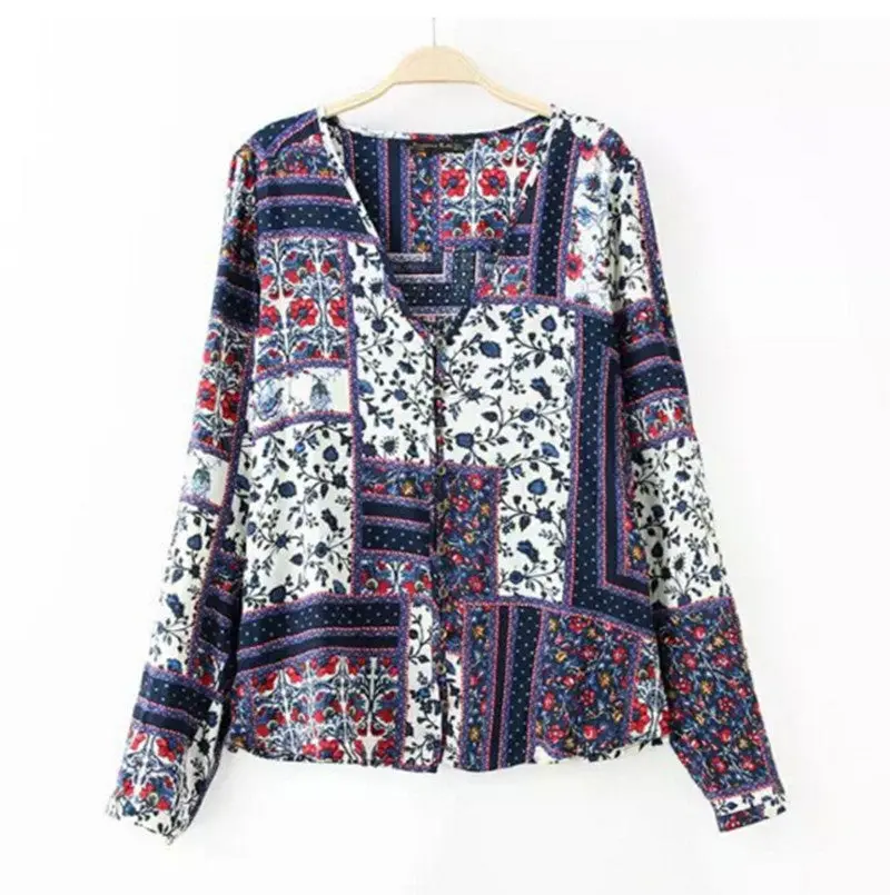 Retro Faille Floral Print Buttons V Neck Pullover Shirt Women Flower Printing Long Sleeve Cotton Blouse Tops S M L 1