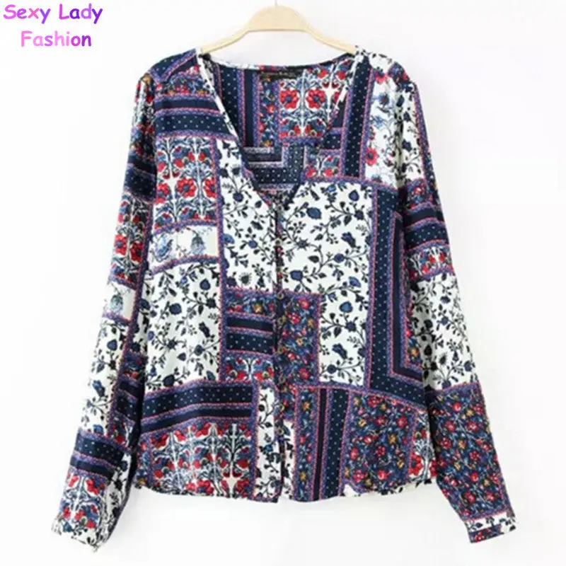 Retro Faille Floral Print Buttons V Neck Pullover Shirt Women Flower Printing Long Sleeve Cotton Blouse Tops S M L 2
