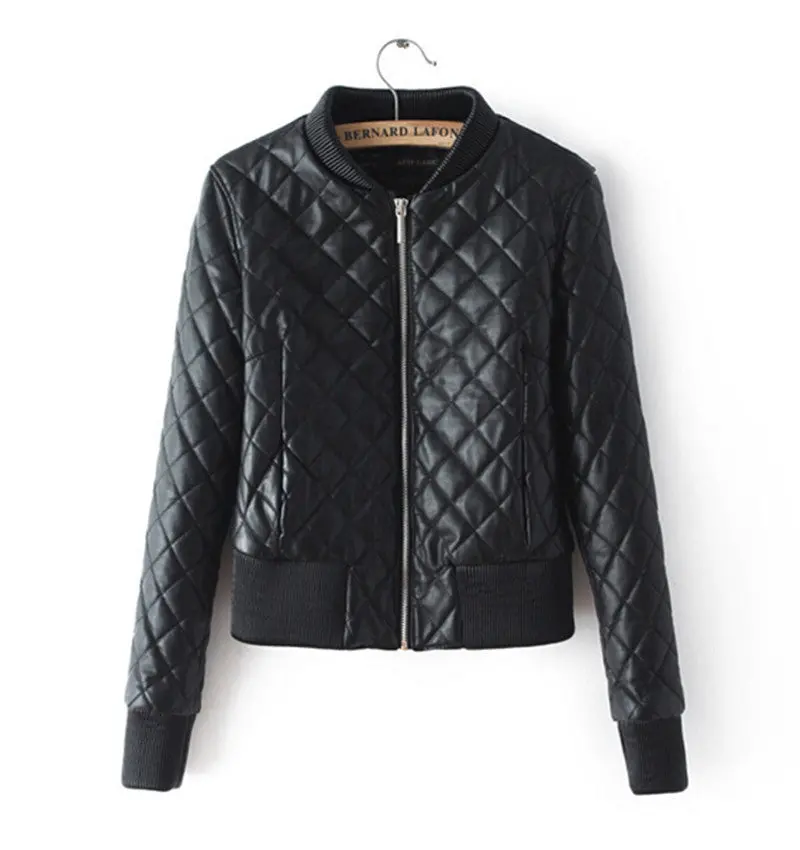 Retro Faux Leather Quilting Bomber Quilted Jacket Women V Neck Long Sleeve Short Parka Coat Outwear Overcoat Femme 1