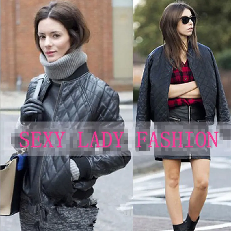 Retro Faux Leather Quilting Bomber Quilted Jacket Women V Neck Long Sleeve Short Parka Coat Outwear Overcoat Femme 5