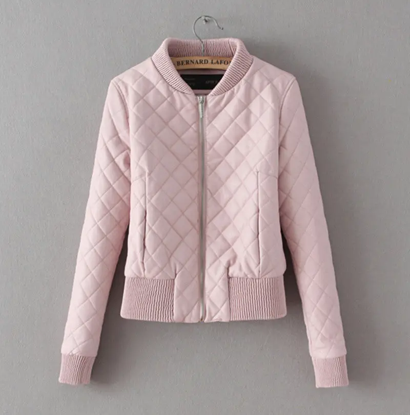 Retro Faux Leather Quilting Bomber Quilted Jacket Women V Neck Long Sleeve Short Parka Coat Outwear Overcoat Femme 9
