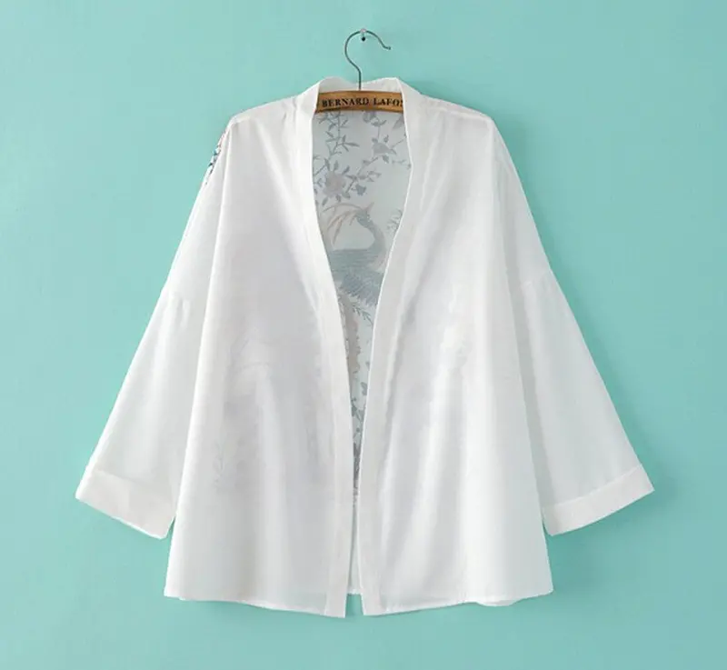 Retro Floral Animal Peacock Print Crop Sleeve Chiffon Kimono Shirt Women Long Bat Sleeve White Cardigan Blouse Tops 1