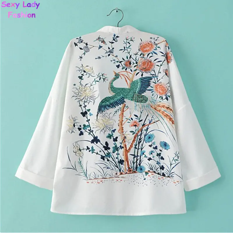Retro Floral Animal Peacock Print Crop Sleeve Chiffon Kimono Shirt Women Long Bat Sleeve White Cardigan Blouse Tops 2