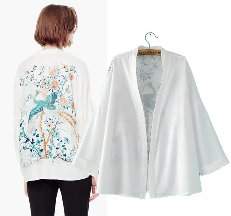 Retro Floral Animal Peacock Print Crop Sleeve Chiffon Kimono Shirt Women Long Bat Sleeve White Cardigan Blouse Tops 3