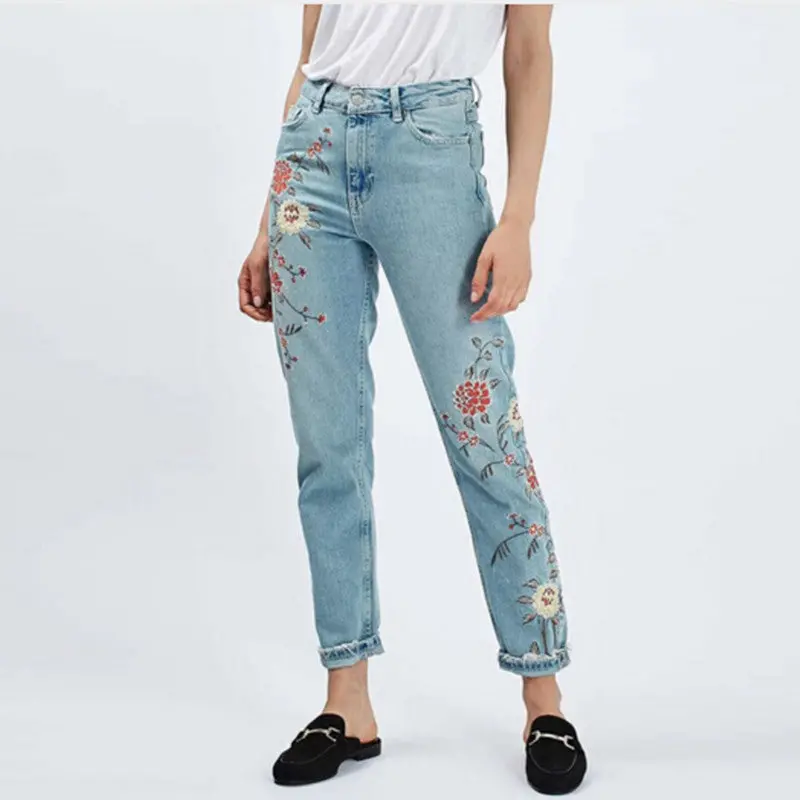 Retro Floral Embroidery Demin Skinny Jeans Woman Za Pencil Pants Ripped Washed Zip Pocket Button Cozy Casual Slim Trousers Femme 1