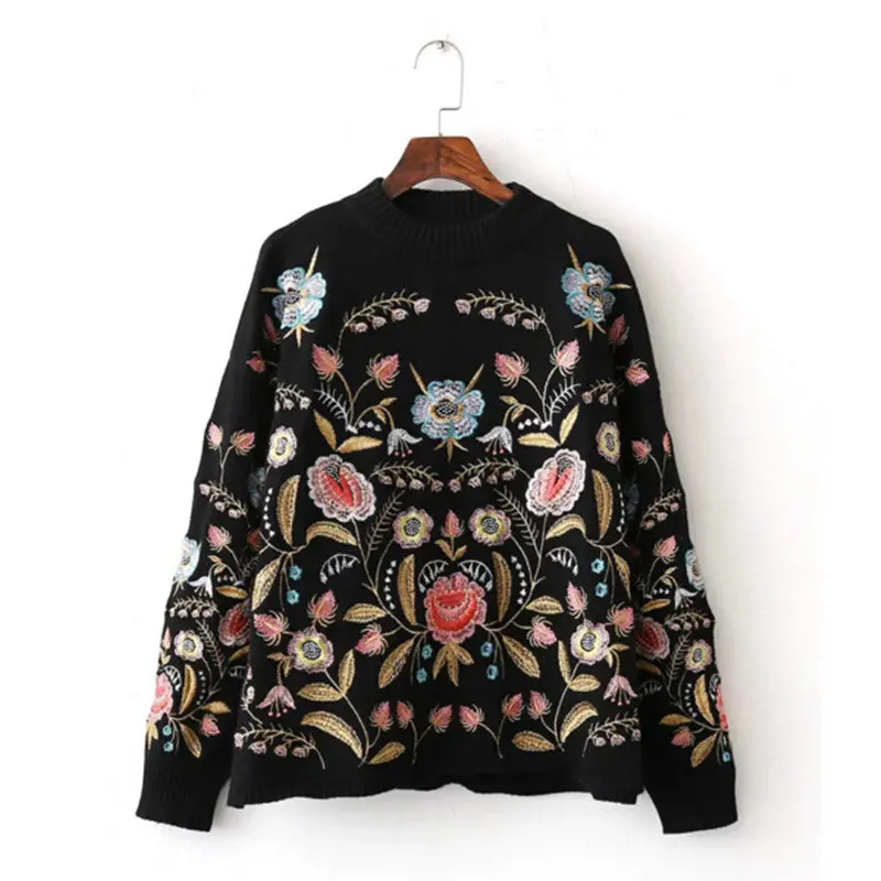 Retro Floral Embroidery Sweater Women O Neck Long Sleeve Knitwear Jumper Pullover Kleding Jerseis Mujer Femme Black 2
