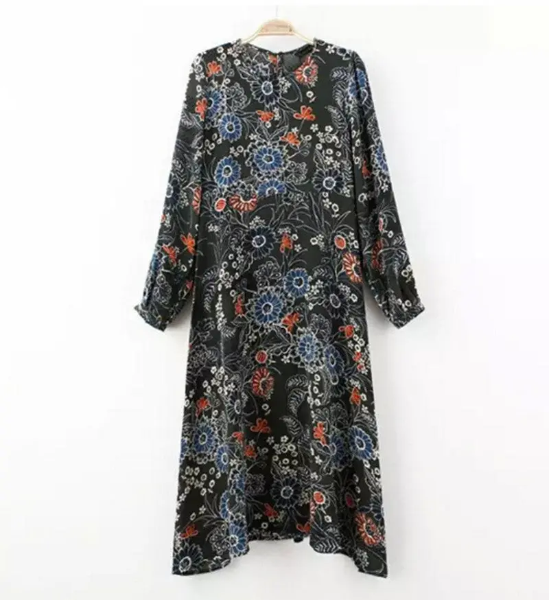 Retro Floral Print Dress Women Contrast Color Flower Print Long Sleeve O Neck Mid Long Dresses Tops Femme S M L 1