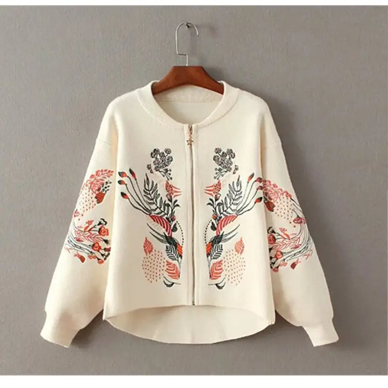 Retro Flower Embroidery Sweater Women Long Sleeve Zipper Cardigan Knitwear Jumper Kleding Jerseis Mujer Femme 5 Color 1
