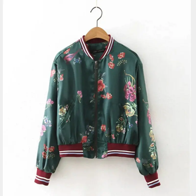 Retro Flower Print Jacket Women Contrast Color Striped V Neck Zipper Casual Pilot Bomber Coat Tops Femme Outwear 2