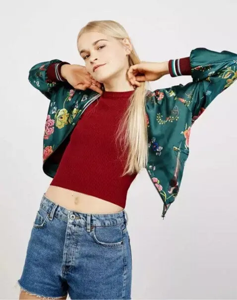 Retro Flower Print Jacket Women Contrast Color Striped V Neck Zipper Casual Pilot Bomber Coat Tops Femme Outwear 3