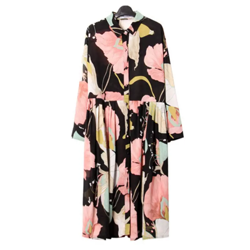 Retro Flower Print Pleated Long Shirt Dress Women Lapel Long Sleeve Loose Midi Pleated Dresses Large Size 1