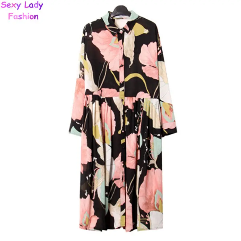 Retro Flower Print Pleated Long Shirt Dress Women Lapel Long Sleeve Loose Midi Pleated Dresses Large Size 2