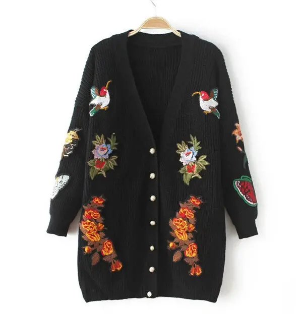 Retro Flower Tiger Embroidery Sweater Women Long Sleeve Mid Long Cardigan Knitwear Jumper Kleding Jerseis Mujer Femme 1