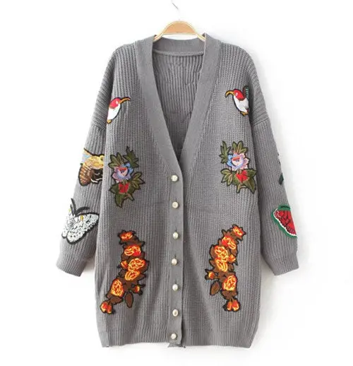 Retro Flower Tiger Embroidery Sweater Women Long Sleeve Mid Long Cardigan Knitwear Jumper Kleding Jerseis Mujer Femme 2