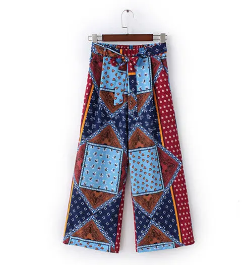 Retro Geometric Print Wide Leg Pants With Sashes Women Vintage Location Print Calf Length Trousers Femme Casual Pants 1