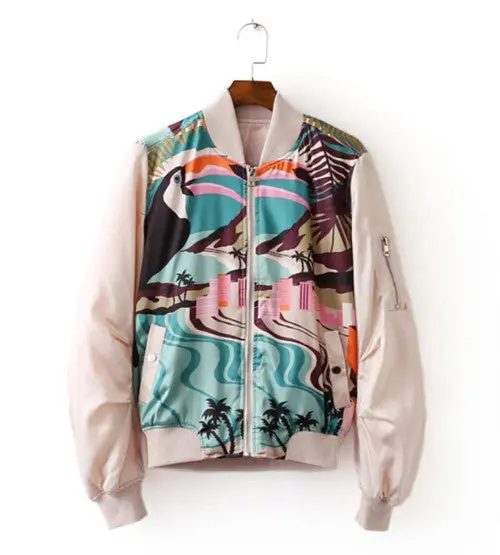 Retro Graffiti Tree Print Pilot Jacket Women Contrast Color V Neck Zipper Casual Pilot Bomber Coat Tops Femme Outwear 1