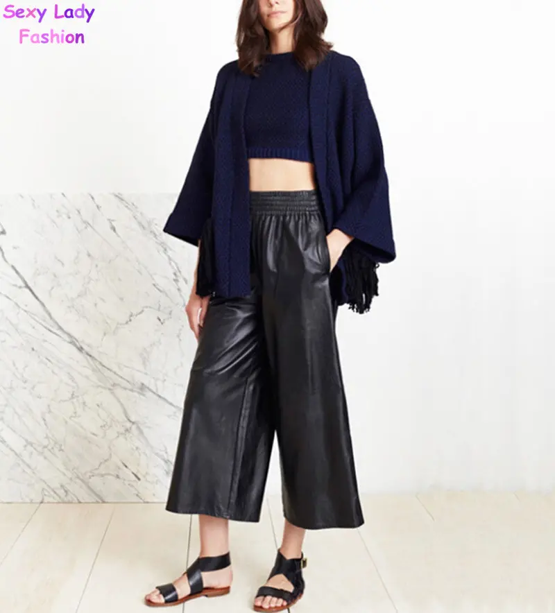 Retro High Faux Leather Waist Wide Leg Pants Loose Capris Pants Women's Pu Leather Casual Ol Cropped Trousers Gaucho 3