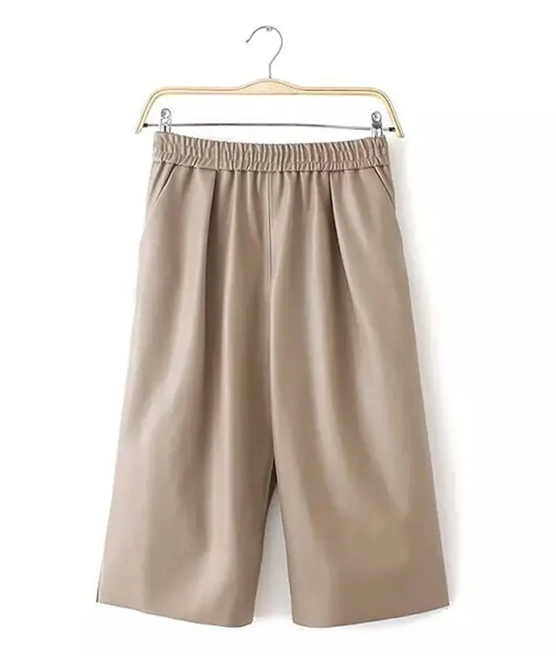 Retro High Faux Leather Waist Wide Leg Pants Loose Capris Pants Women's Pu Leather Casual Ol Cropped Trousers Gaucho 4