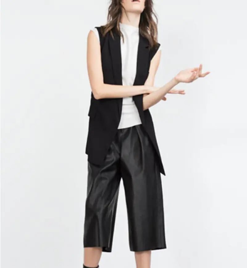 Retro High Faux Leather Waist Wide Leg Pants Loose Capris Pants Women's Pu Leather Casual Ol Cropped Trousers Gaucho 4