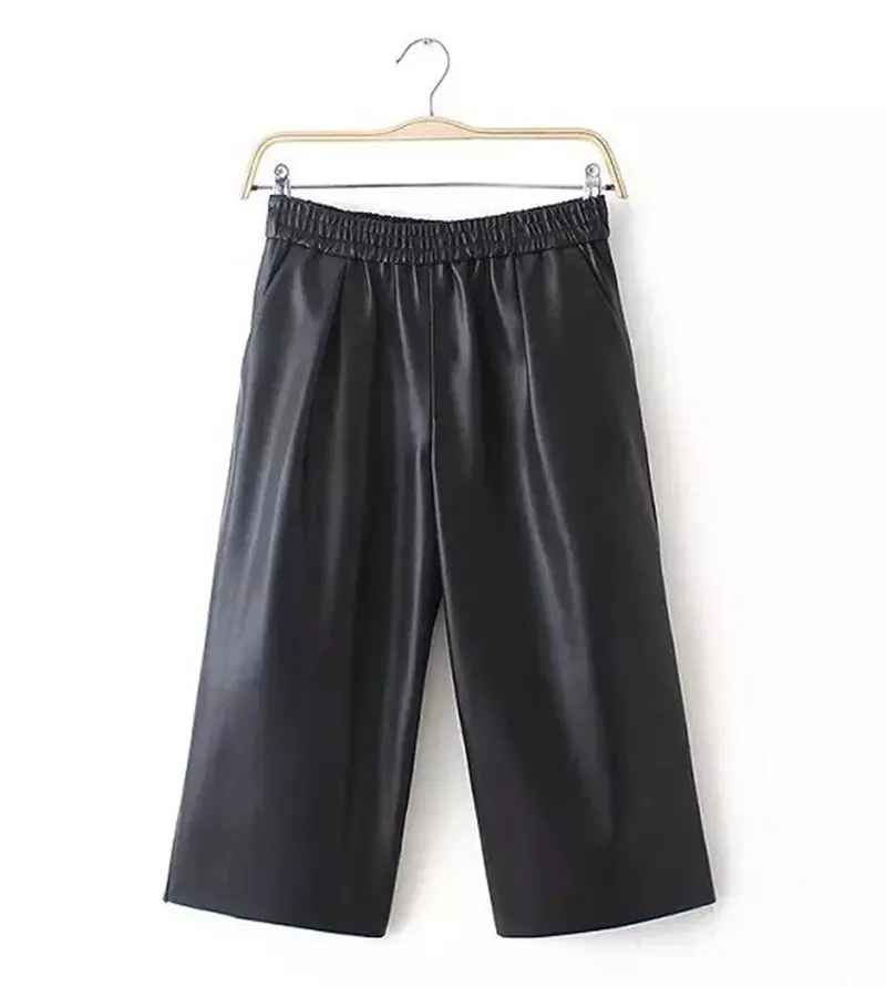 Retro High Faux Leather Waist Wide Leg Pants Loose Capris Pants Women's Pu Leather Casual Ol Cropped Trousers Gaucho 5