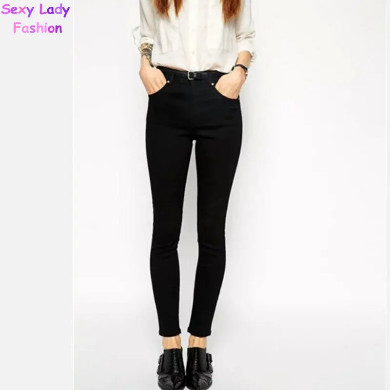 Retro High Waist Skinny Pencil Jeans Women's Stretch Legging Long Pencil Pants Slim Fit Denim Trousers Black S M L 2