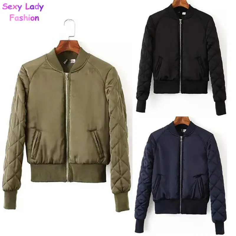Retro Long Sleeve Quilted Jacket Thin Padded Short Quilting Bomber Pilot Jacket Coat Outerwear Tops Femme 3 Colors S M L Xl 4