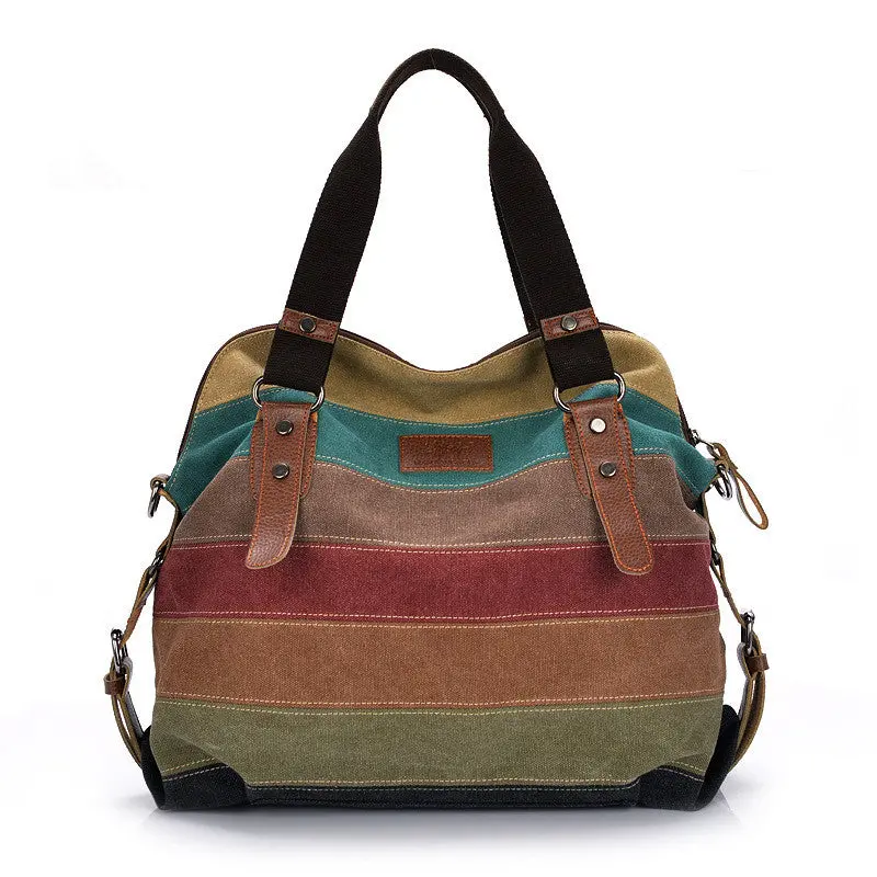 Retro Men Women Canvas Handbagcolor Block Striped Shoulder Bag Designer Crossbody Messenger Bag Kpop Ladies Tote Bolsa 2