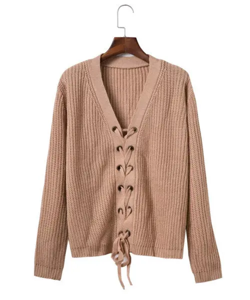 Retro Metal Hole V Neck Lacing Up Sweater Women Long Sleeve Cardigan Knitwear Jumper Kleding Jerseis Mujer Femme 3 Clr 1