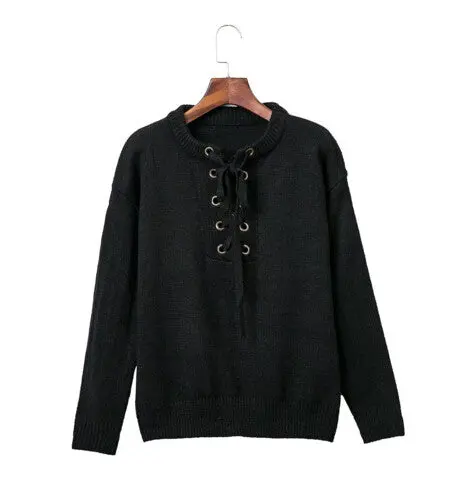 Retro Metal Hole V Neck Lacing Up Sweater Women Long Sleeve Knitwear Jumper Pullovers Kleding Jerseis Mujer Femme 3 Clr 1