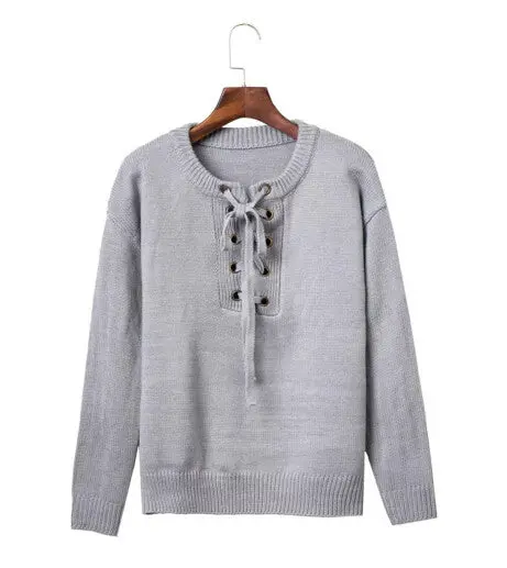 Retro Metal Hole V Neck Lacing Up Sweater Women Long Sleeve Knitwear Jumper Pullovers Kleding Jerseis Mujer Femme 3 Clr 2