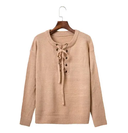 Retro Metal Hole V Neck Lacing Up Sweater Women Long Sleeve Knitwear Jumper Pullovers Kleding Jerseis Mujer Femme 3 Clr 3