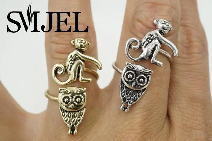 Retro Monkey Ring With An Owl Adjustable Vintage Couple Rings R330 1