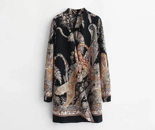 Retro Palace Print Cross V Neck Dress Woman Long Sleeve Short Dresses Femme Shirt Dress S M L 1