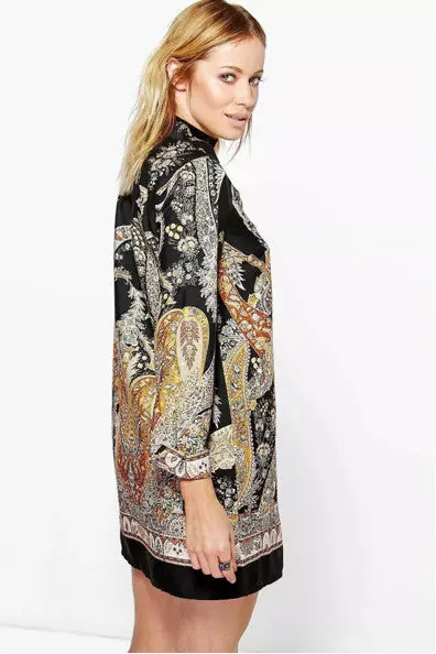 Retro Palace Print Cross V Neck Dress Woman Long Sleeve Short Dresses Femme Shirt Dress S M L 3