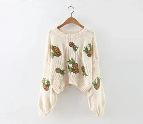 Retro Pineapple Embroidery Sweater Women O Neck Lantern Sleeve Knitwear Jumper Pullover Kleding Jerseis Mujer Femme 1