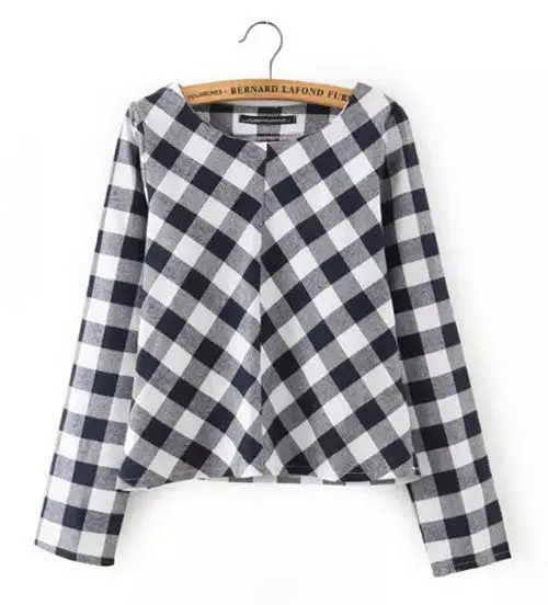 Retro Plaid Print O-Neck Pullover Long Sleeve Shirts Blouses Tops / Plaid Print High Waist Short Pants Shorts 1