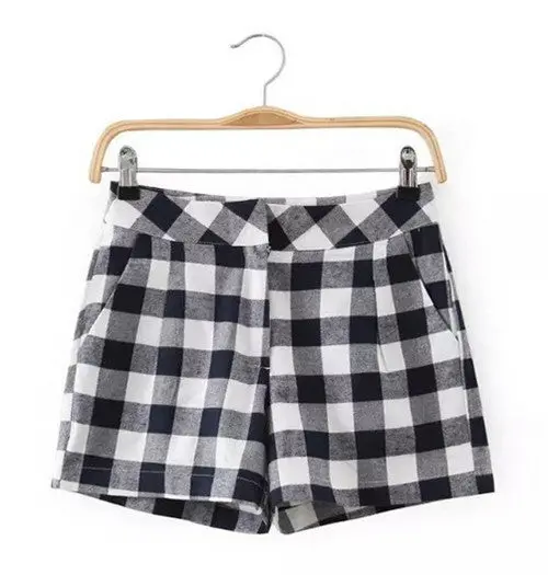 Retro Plaid Print O-Neck Pullover Long Sleeve Shirts Blouses Tops / Plaid Print High Waist Short Pants Shorts 4