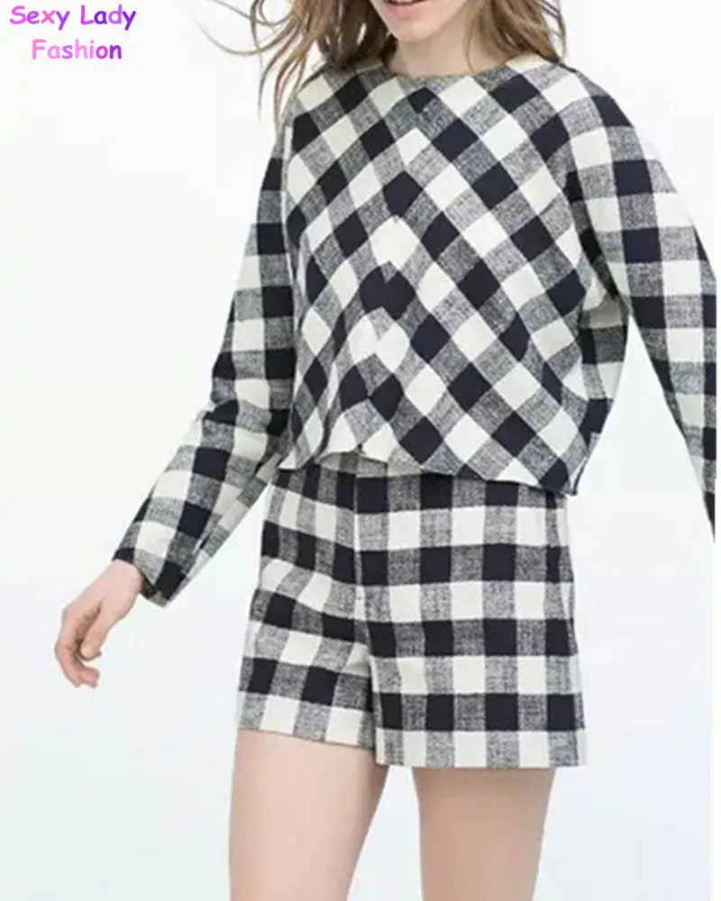 Retro Plaid Print O-Neck Pullover Long Sleeve Shirts Blouses Tops / Plaid Print High Waist Short Pants Shorts 4