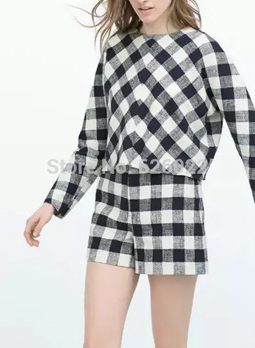 Retro Plaid Print O-Neck Pullover Long Sleeve Shirts Blouses Tops / Plaid Print High Waist Short Pants Shorts 6