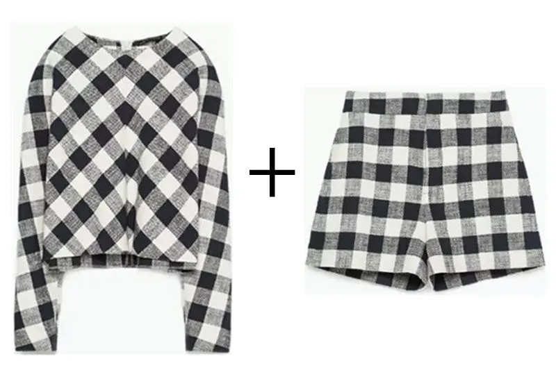 Retro Plaid Print O-Neck Pullover Long Sleeve Shirts Blouses Tops / Plaid Print High Waist Short Pants Shorts 7