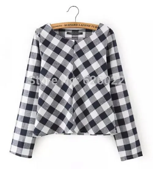 Retro Plaid Print O-Neck Pullover Long Sleeve Shirts Blouses Tops / Plaid Print High Waist Short Pants Shorts 8