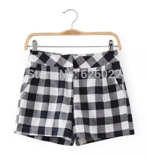 Retro Plaid Print O-Neck Pullover Long Sleeve Shirts Blouses Tops / Plaid Print High Waist Short Pants Shorts 9