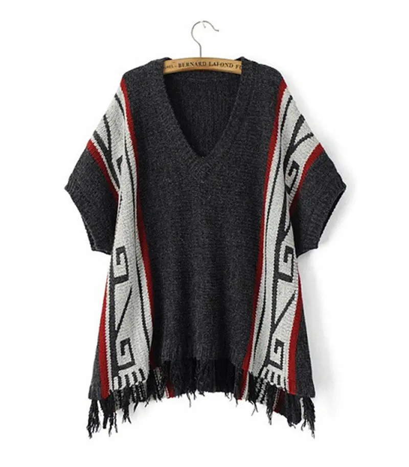 Retro Position Floral Print Tassel Hem Jumper Pullover Short Sleeve Knit Sweater Women's Knitwear Cape Shawl Tops 1
