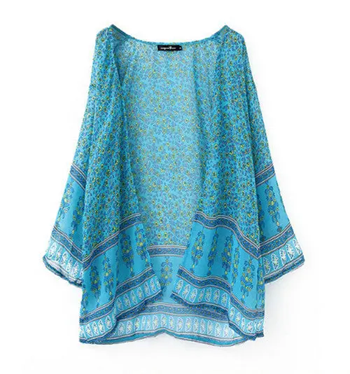 Retro Position Small Floral Print Long Sleeve Kimono Shirt Women Chiffon Cardigan Blouse Tops Sunscreen 1